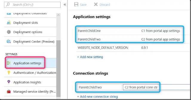 screenshot of an App Service Application Settings in the Azure Portal, nested properties configured using colons