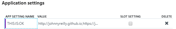 screenshot of an App Service specific Application Setting nested property configured using colons - all good