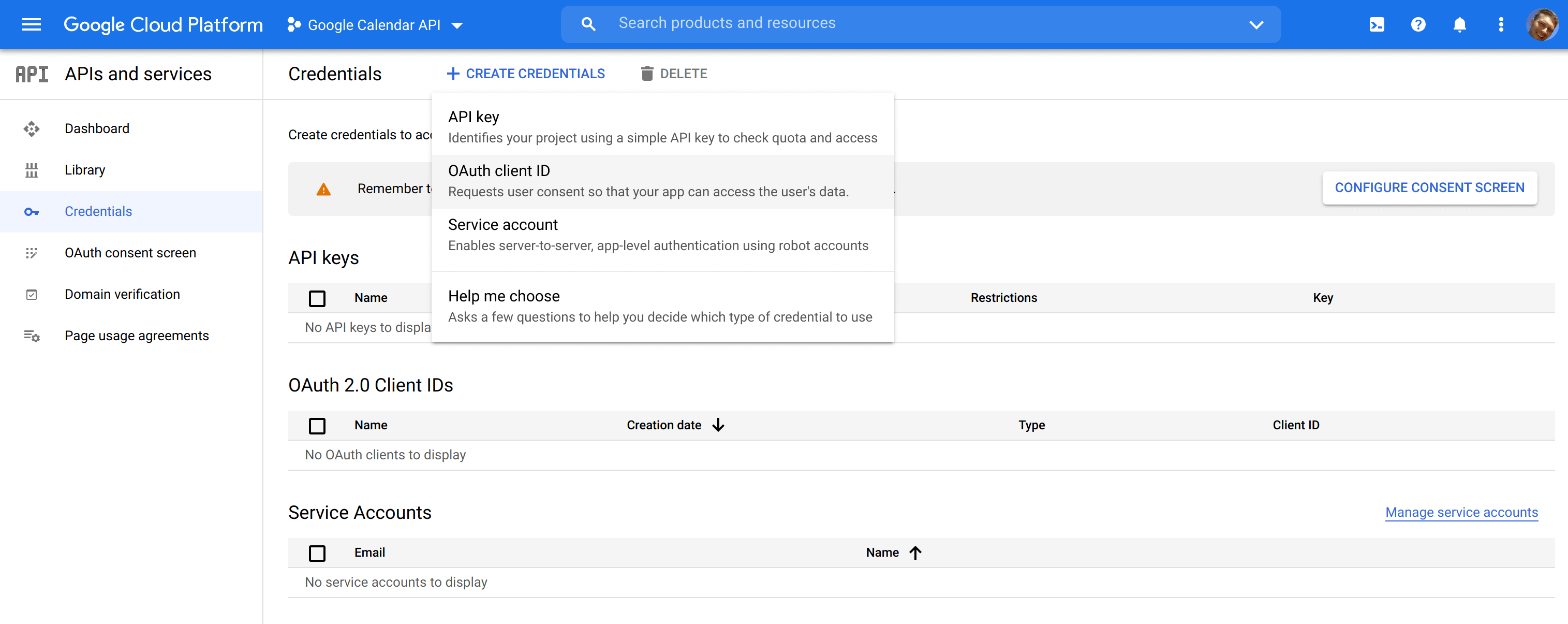 Screenshot of the Create Credentials dropdown in the Google Cloud Platform