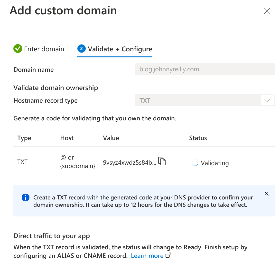 screenshot of the Azure Portal Add Custom Domain screen