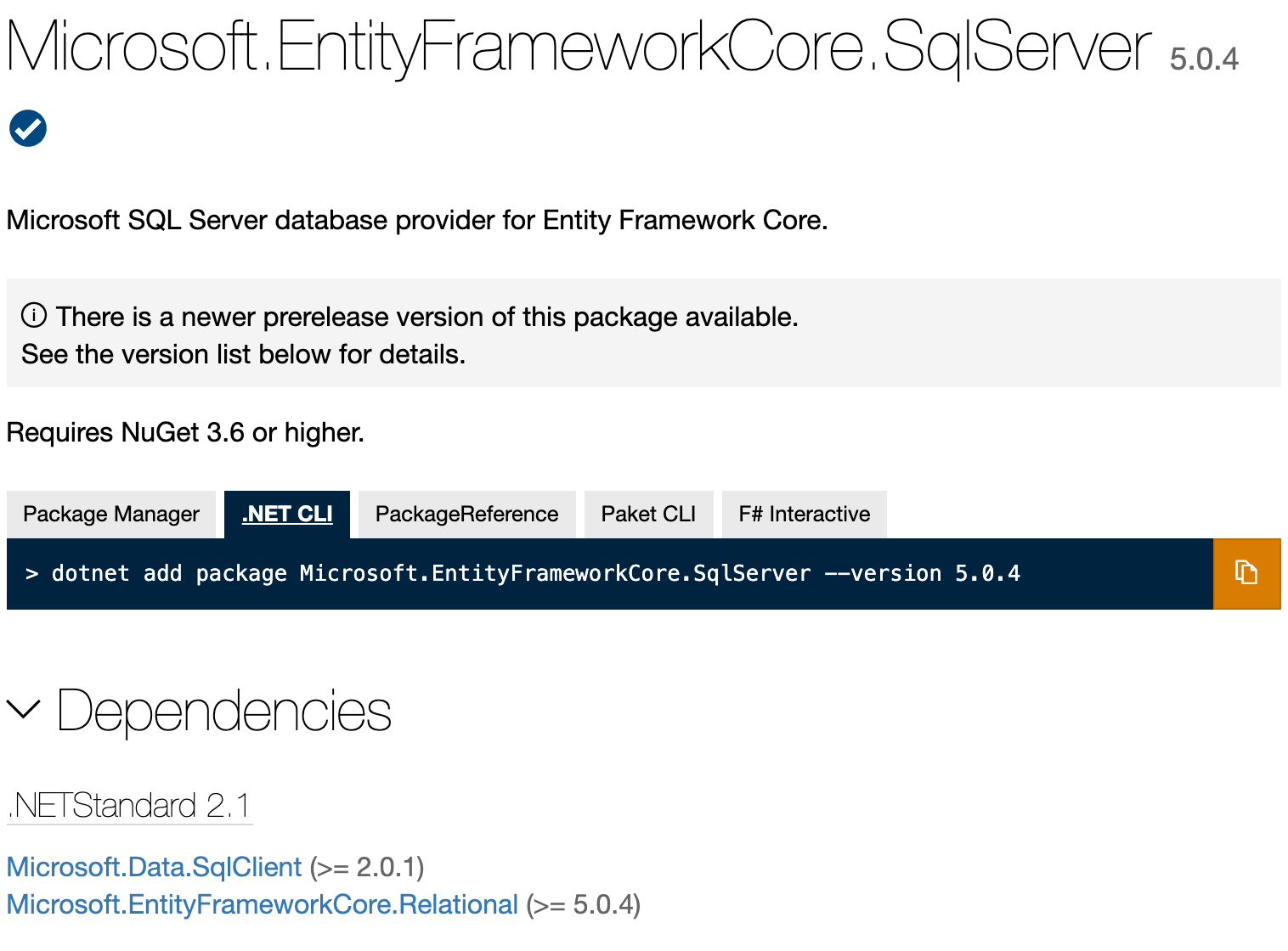 Microsoft.EntityFrameworkCore.SqlServer@5 in NuGet