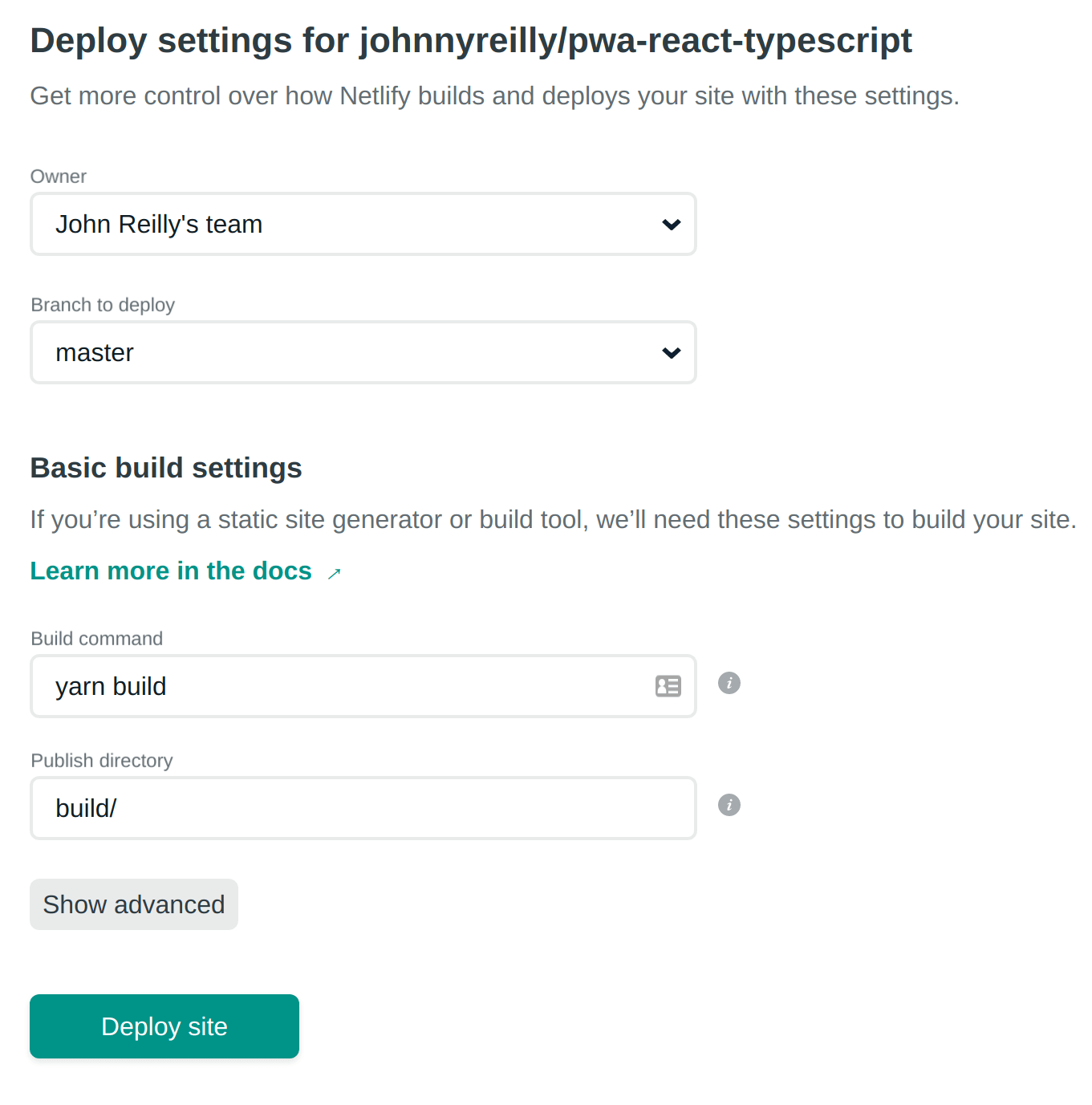 screenshot of Netlify deploy settings