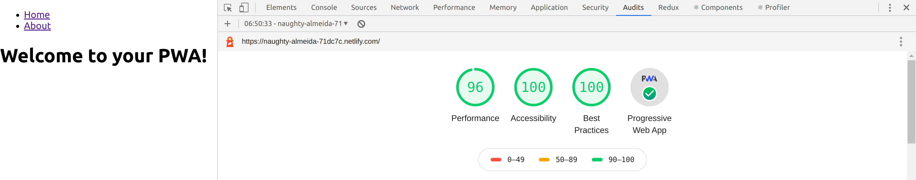 screenshot of the PWA audit looking good