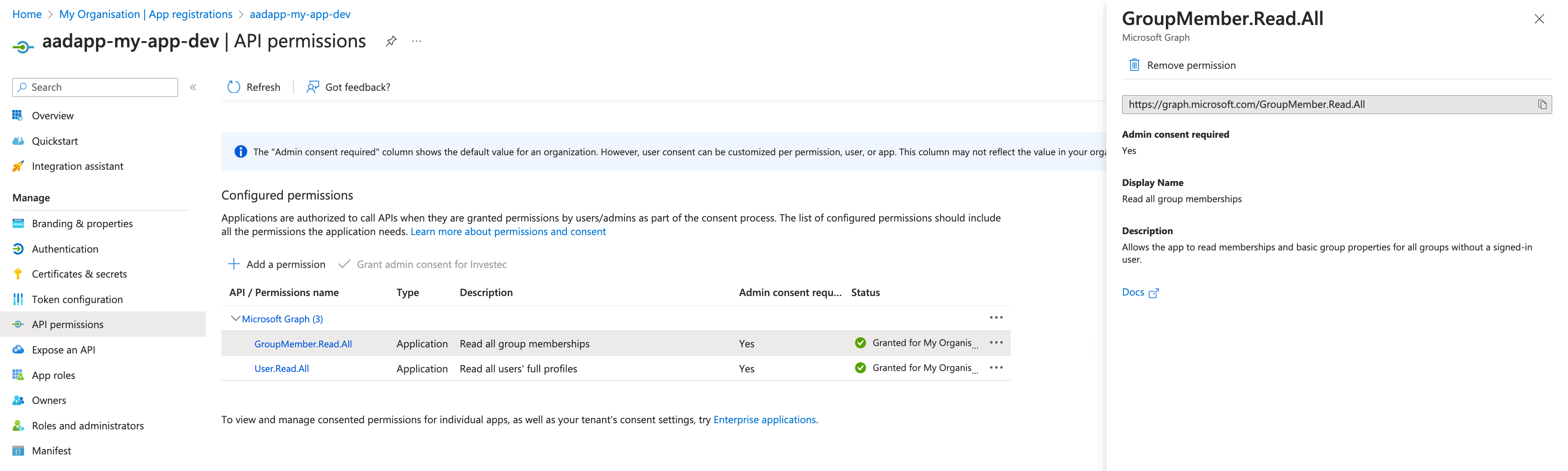 screenshot of the Azure Portal showing the API permissions we require