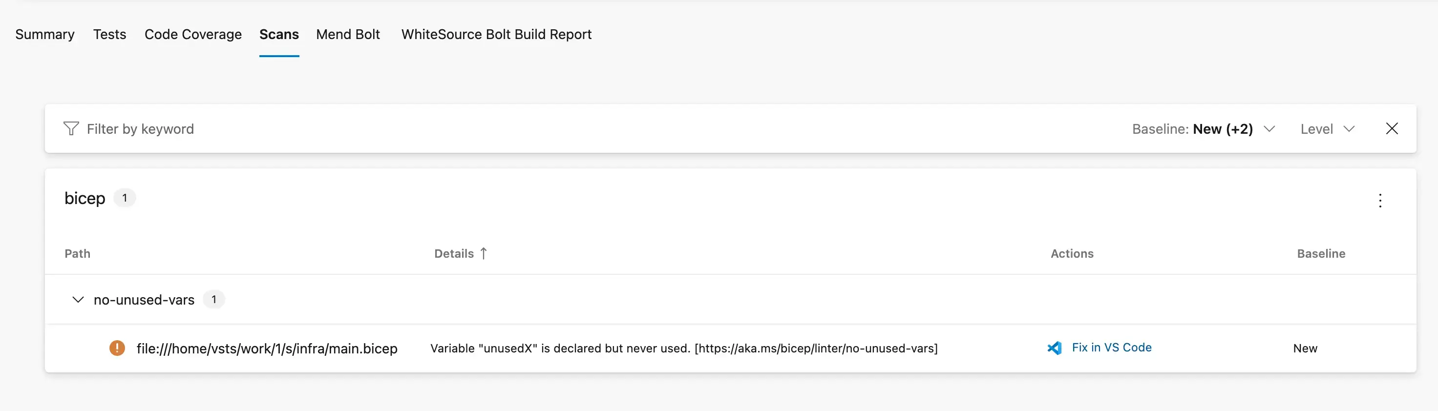 screenshot of the no-unused-vars rule in Azure Pipelines scans