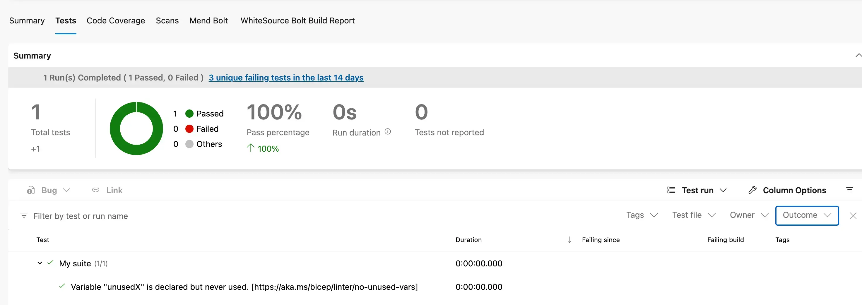 screenshot of the no-unused-vars rule in Azure Pipelines tests