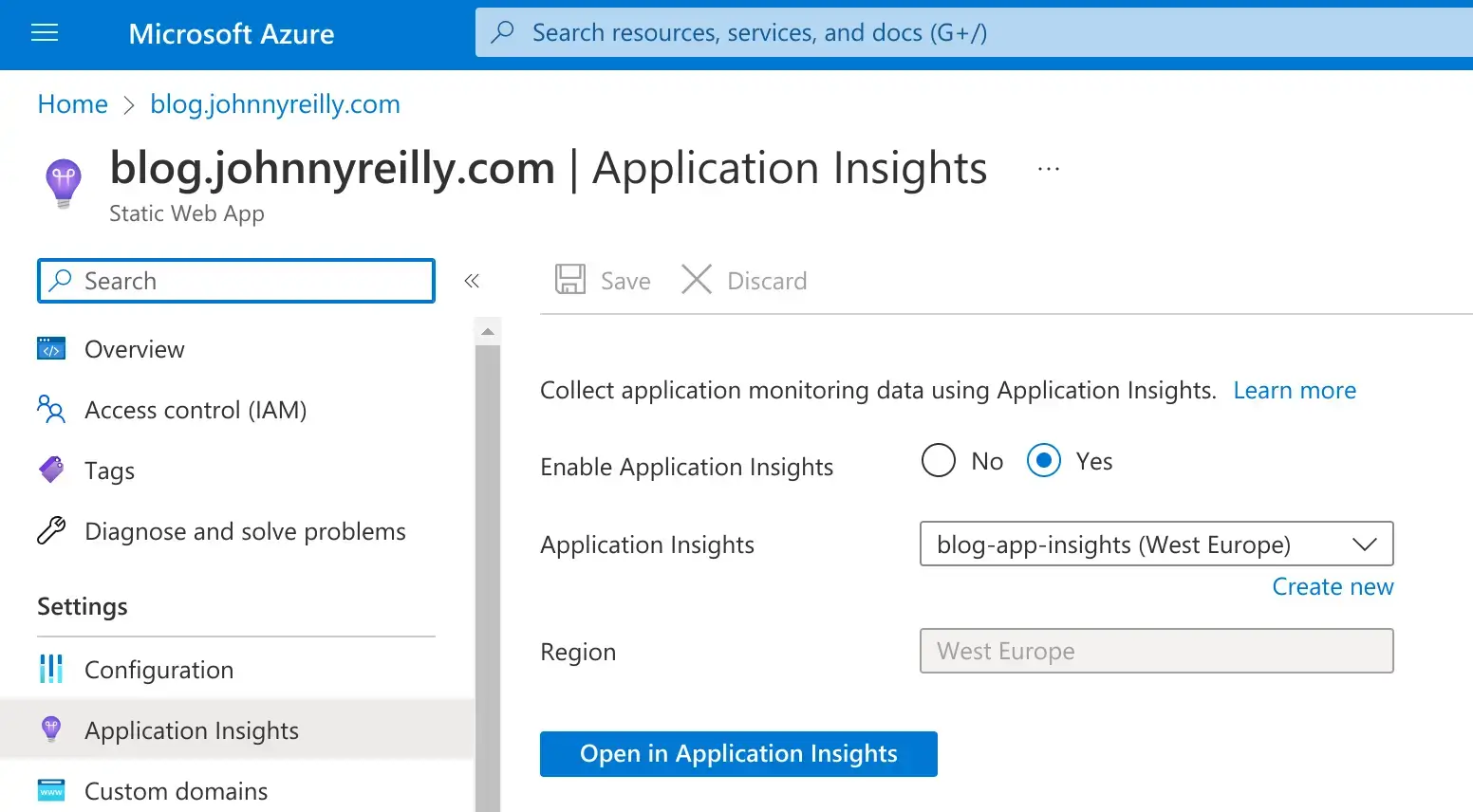 screenshot of the Azure Portal Static Web App connected to the Application Insights resource