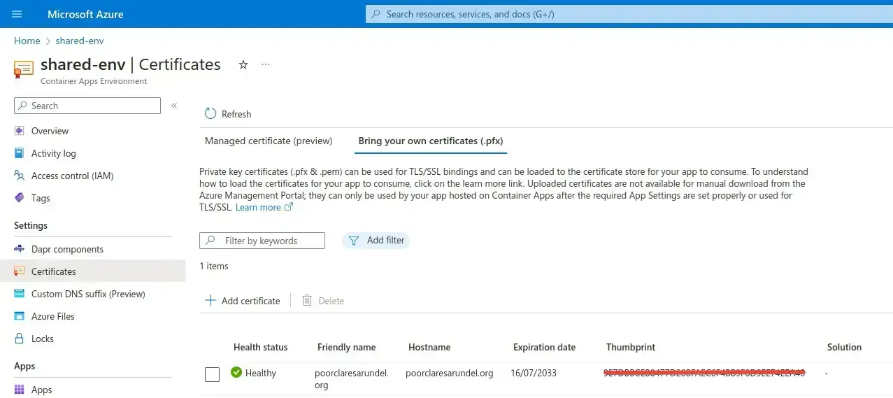 screenshot of uploaded certificate in the Azure Portal