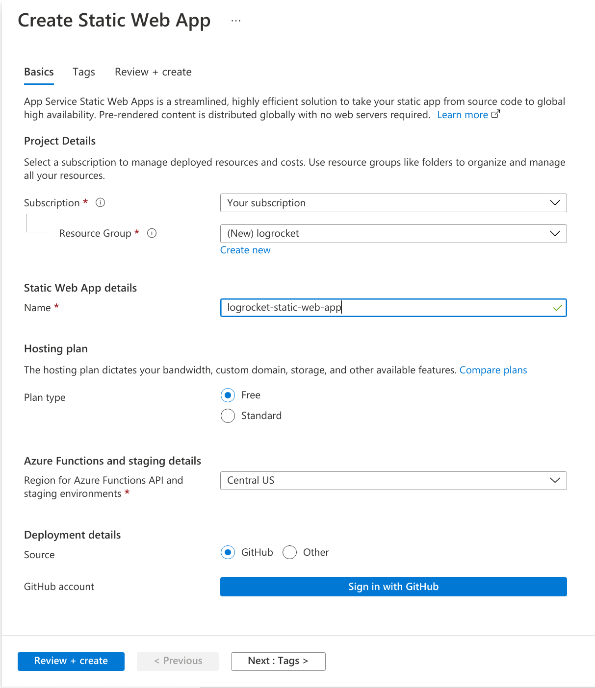 Screenshot of the Azure Portal, &quot;Create a resource&quot; Azure Static Web Apps dialog