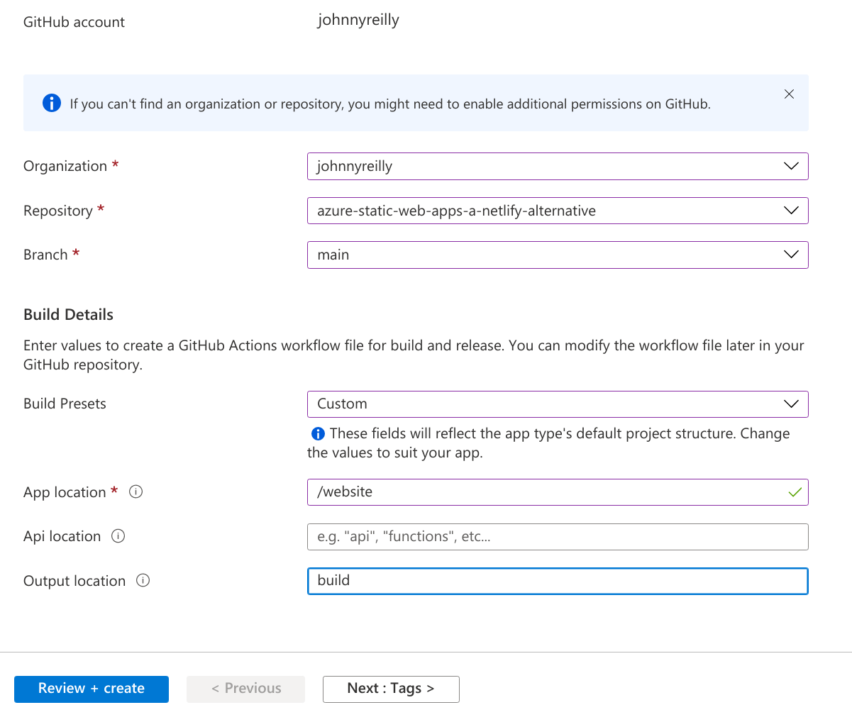 Screenshot of the Azure Portal, &quot;Create a resource&quot; Azure Static Web Apps dialog - repository settings