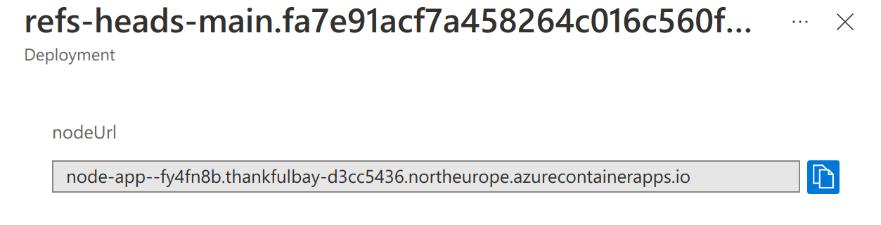 a screenshot of the Azure portal demostrating deployment outputs, there is a single output of &quot;nodeUrl&quot;