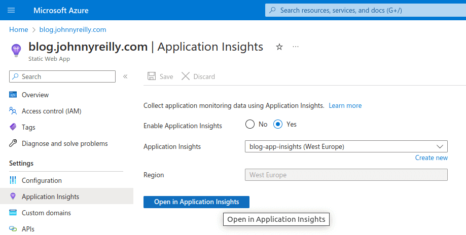 screenshot of the Azure Portal displaying the App Insights tab of a Static Web App, with a linked App Insights in view