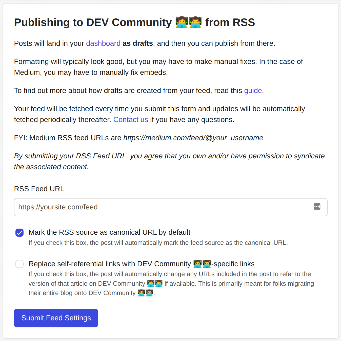 Screenshot of the &quot;Publishing to DEV Community 👩‍💻👨‍💻 from RSS&quot; section of dev.to