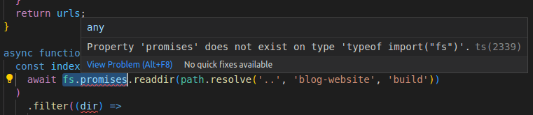 screenshot of errors in VS Code reporting the absence of the fs.promises API