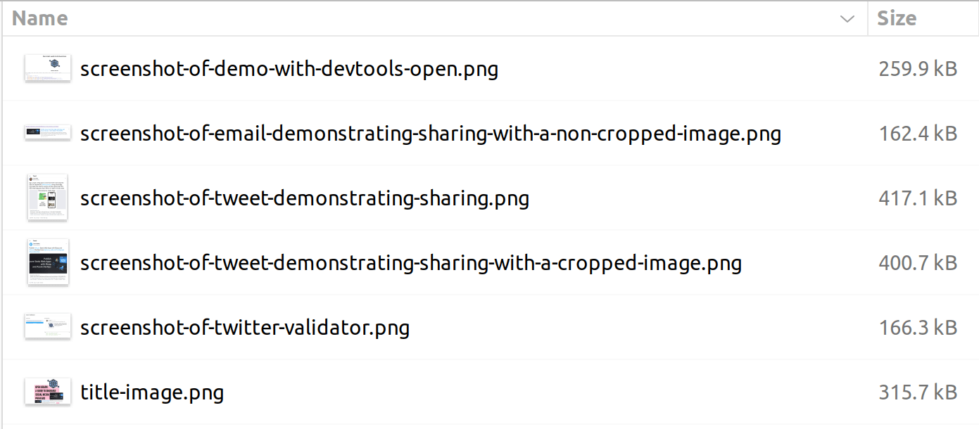 screenshot of image files before optimisation