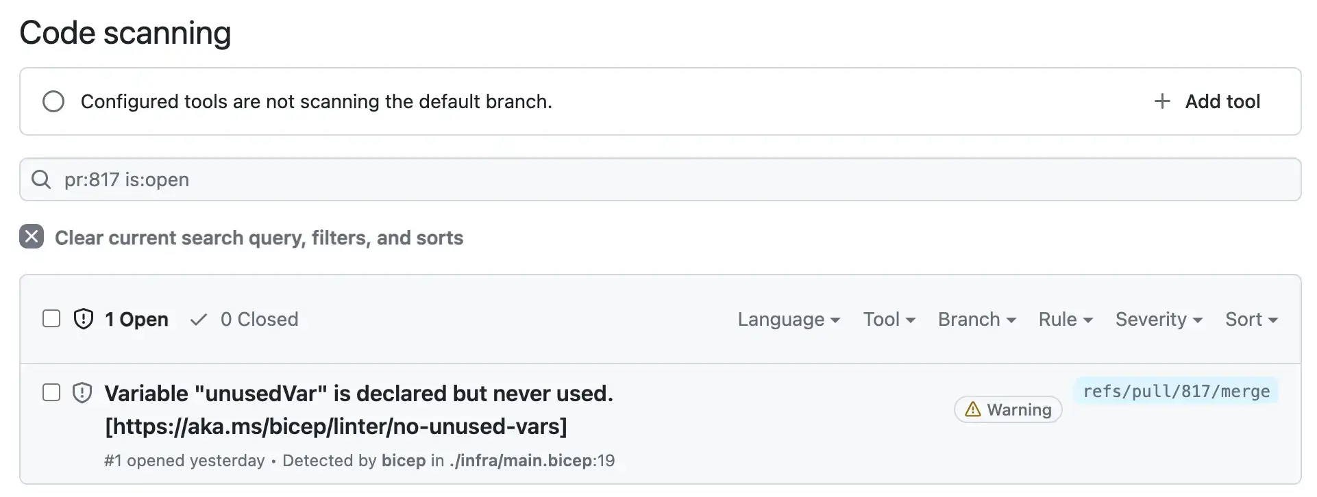 screenshot of the no-unused-vars rule in GitHub UI