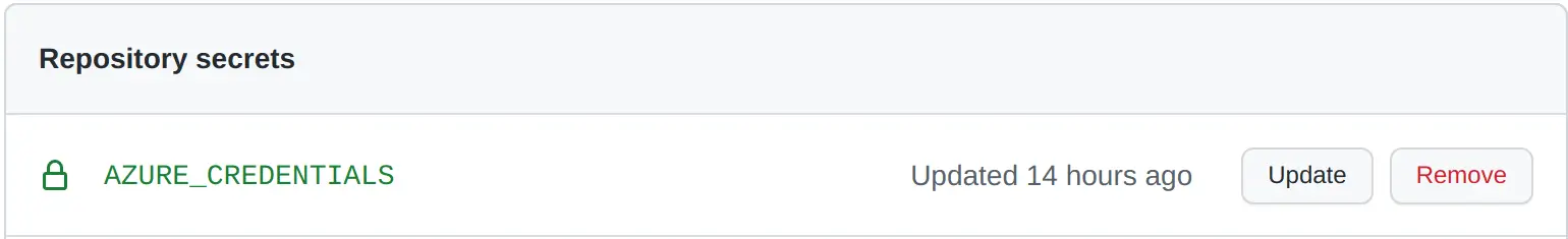 Screenshot of AZURE_CREDENTIALS secret in the GitHub website that we need to create
