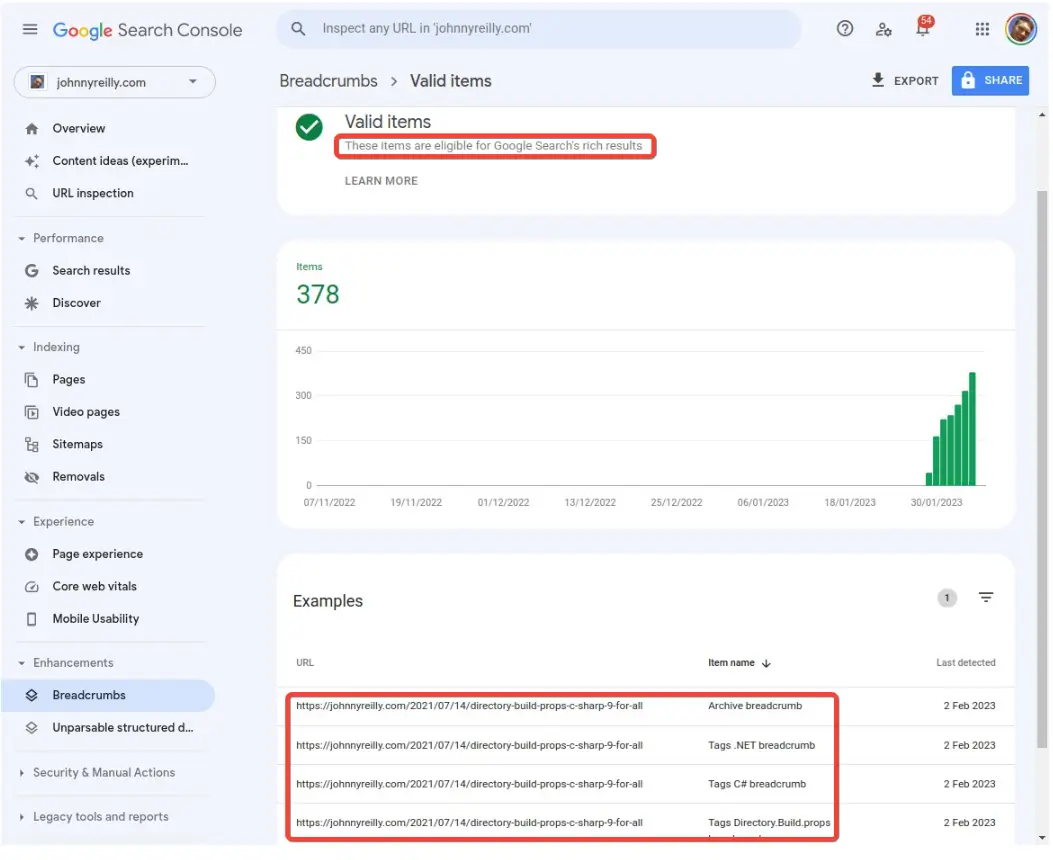 Screenshot of the Google search console