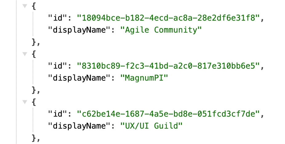 screenshot of the JSON returned from the controller displaying ids and displayNames