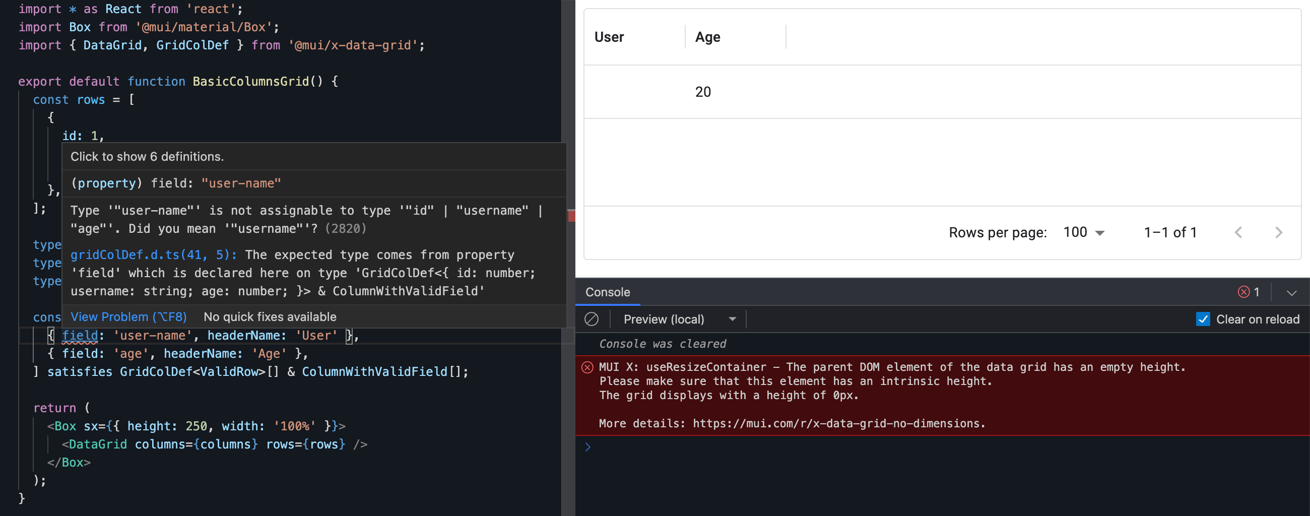 screenshot of a grid with incorrect columns and TypeScript surfacing the issue