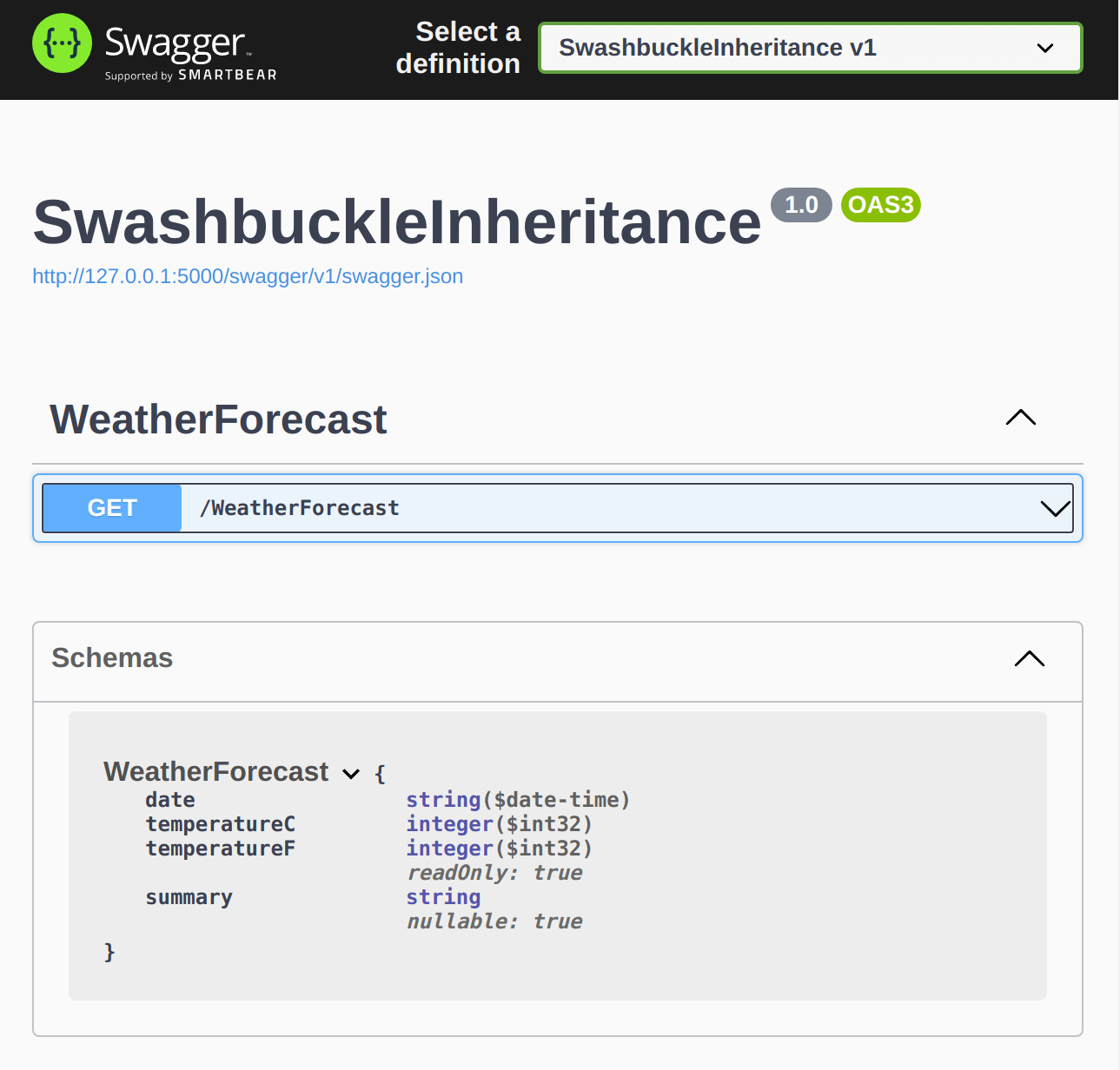 screenshot of swagger UI including WeatherForecast