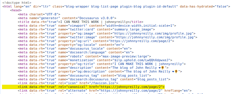 screenshot of a canonical tag which reads: link rel=&quot;canonical&quot; href=&quot;https://johnnyreilly.com/page/2&quot;