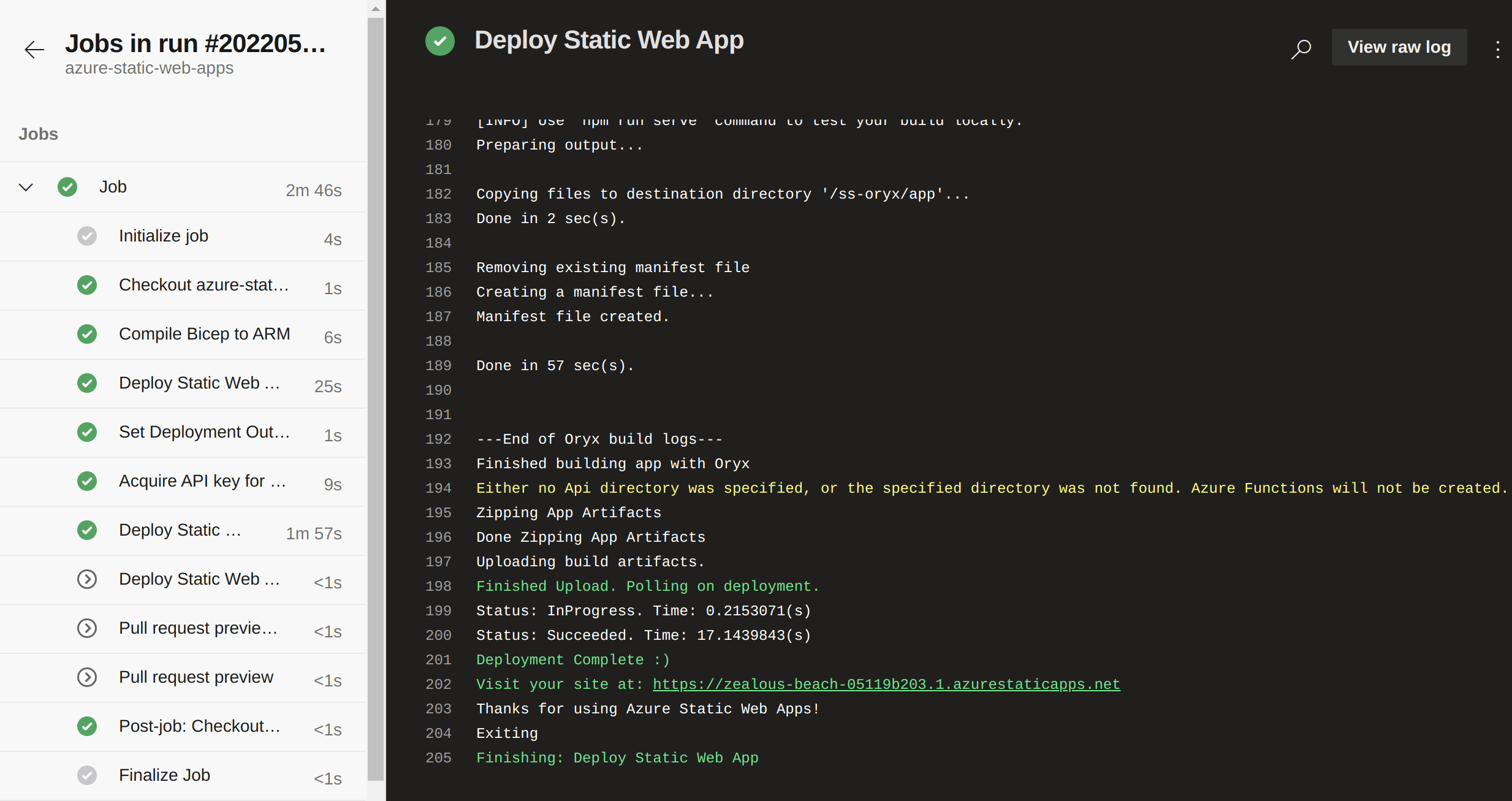 screenshot of Azure Pipelines, including the phrase &quot;Visit your site at: https://zealous-beach-05119b203.1.azurestaticapps.net&quot;