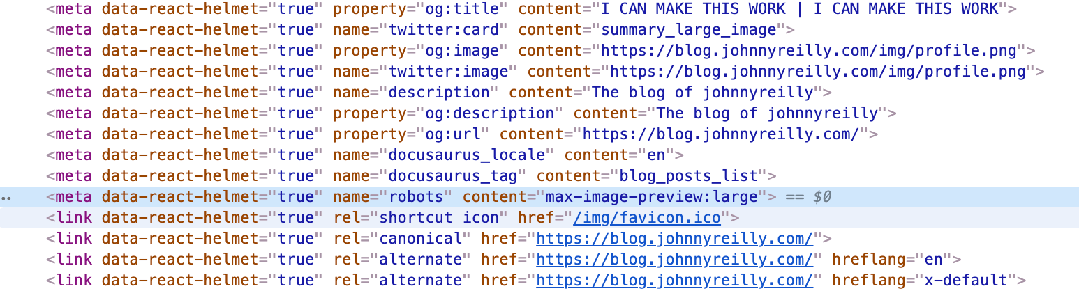 screenshot of the meta robots max-image-preview tag taken from Chrome Devtools