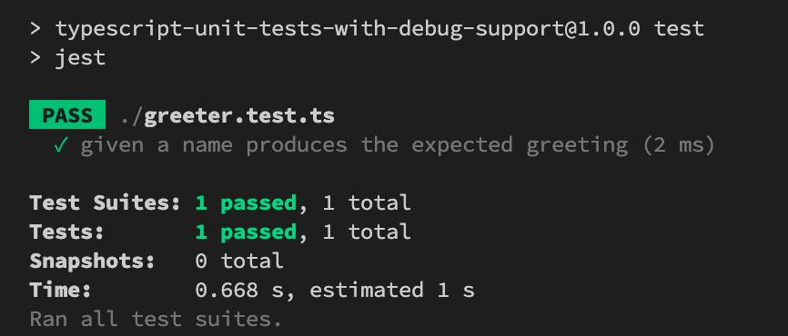 screenshot of tests running and passing in the terminal