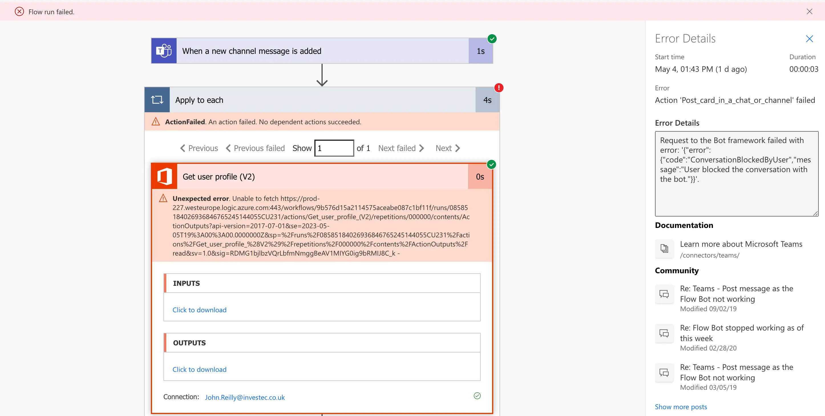 screenshot of a failed run of the power automate flow