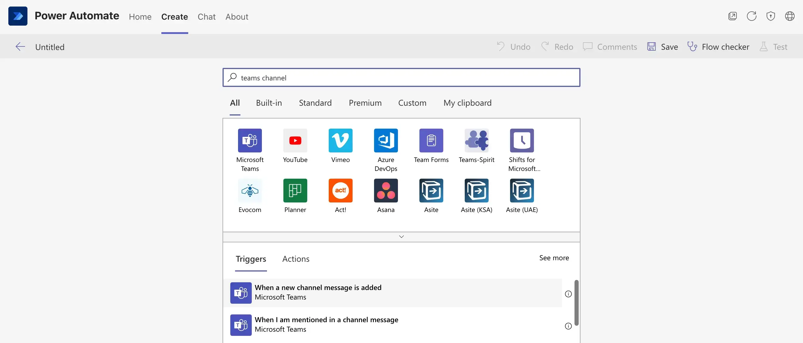 screenshot of creating the Power Automate flow with the when a new channel message is added trigger