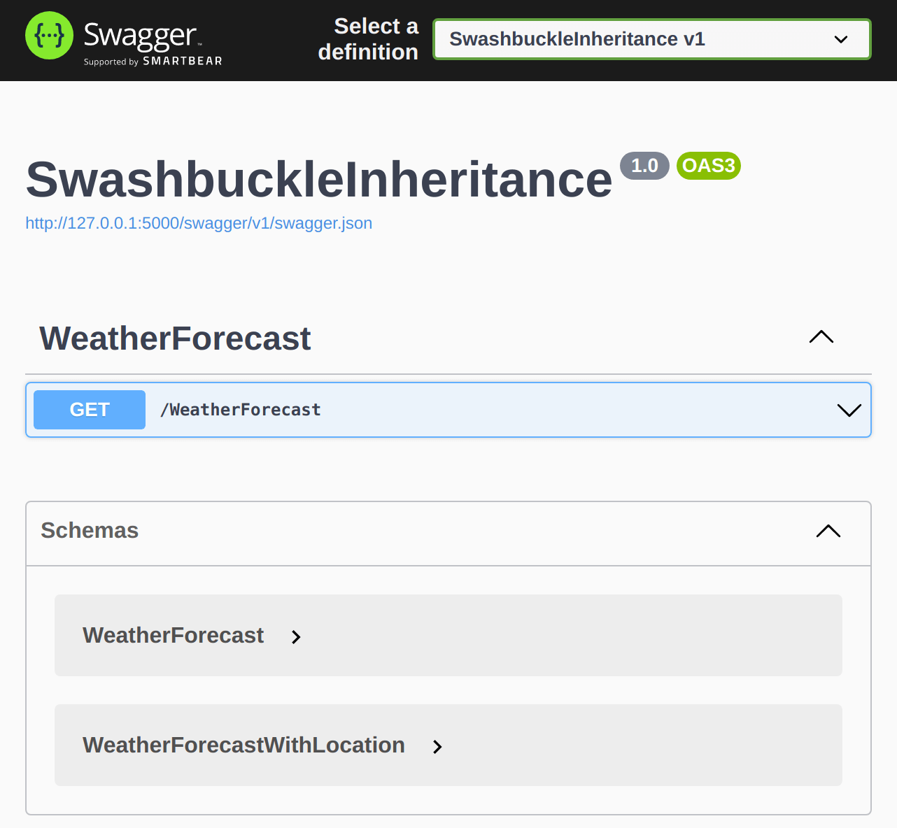 screenshot of swagger UI including WeatherForecast and WeatherForecastWithLocation