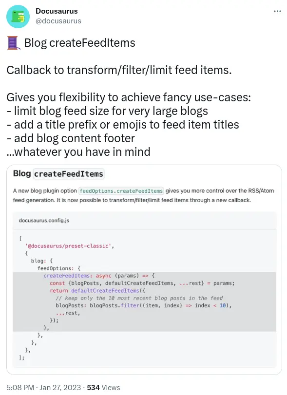 screenshot of a tweet describing things you could do with the createFeedItems API