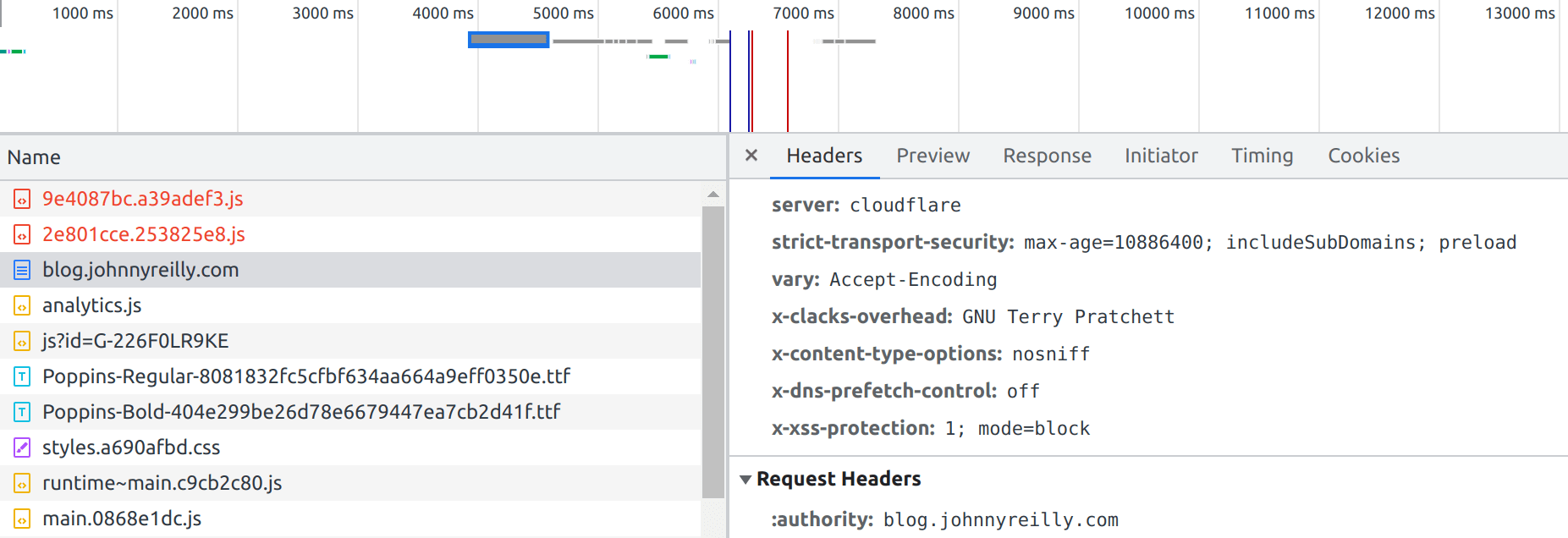 screenshot of Chrome Devtools showing the x-clacks-overhead header on this blog