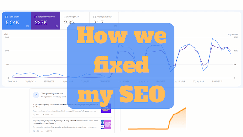 title image reading &quot;How we fixed my SEO&quot; with images of graphs trending upwards in the background