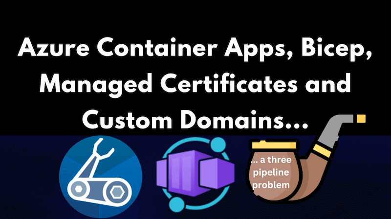 title image reading &quot;Azure Container Apps, Bicep, managed certificates and custom domains&quot; with the Azure Container App logos