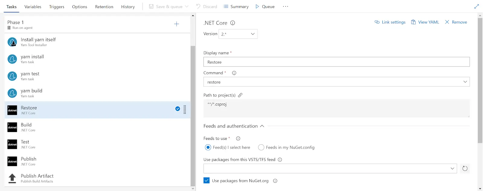 screenshot of restore task in VSTS